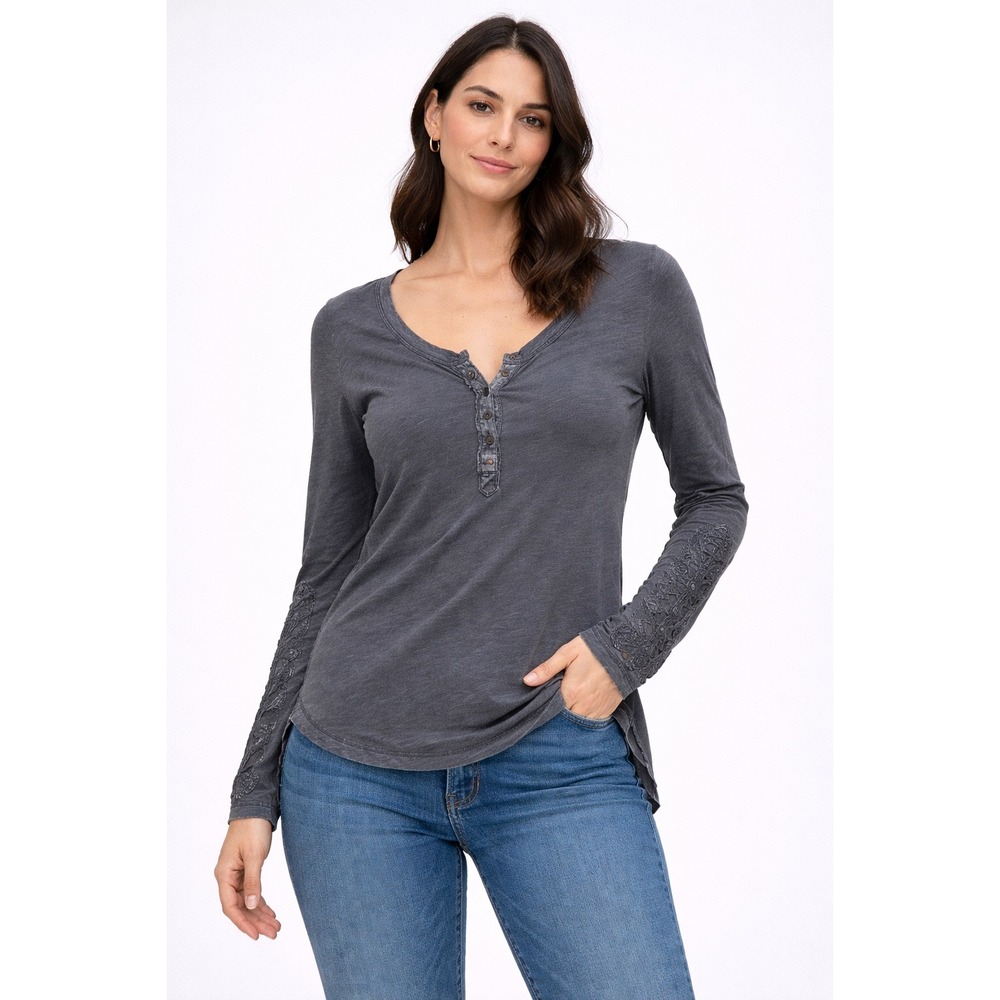 Free People Womens Crochet Lace Sleeve Henley Top Gray Long Sleeve Slub Knit‎